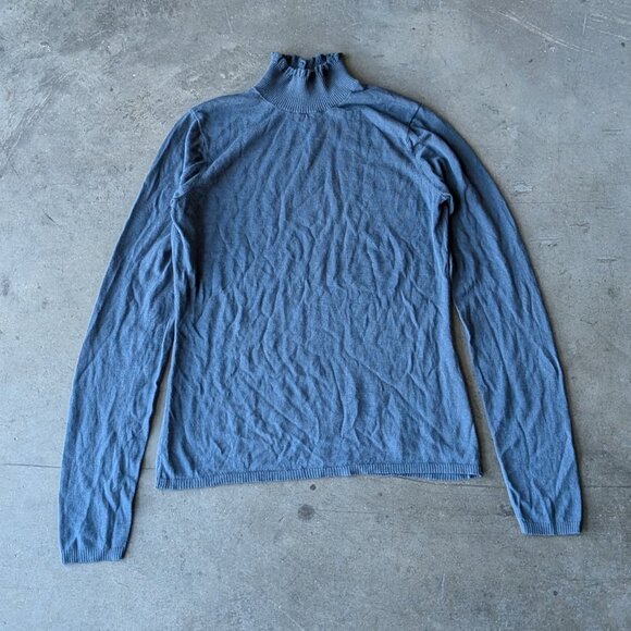 Tahari Blue Ruffle Mock Neck Silk Cashmere Knit Top small - Picture 2 of 9